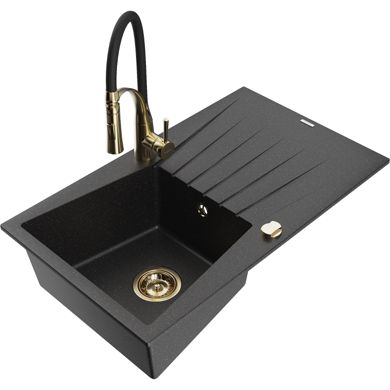 Mexen Cesar granitový dřez s jednou komorou s odkapávačem a kuchyňskou baterií Aster, černý/stříbrný metalický