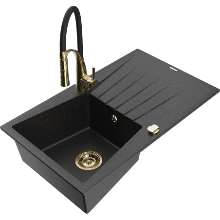 Mexen Cesar granitový dřez s jednou komorou s odkapávačem a kuchyňskou baterií Aster, černý/stříbrný metalický