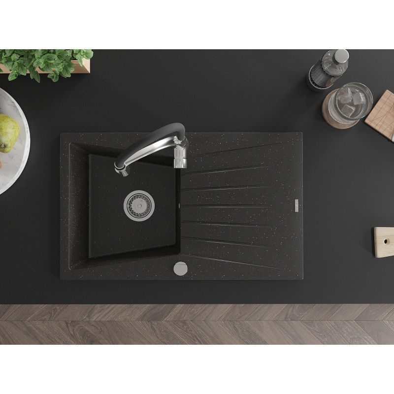 Mexen Cesar granitový dřez s 1 vaničkou a odkapávačem a kuchyňskou baterií Aster, černý/zlatý metalický - 6514-75-73450-07