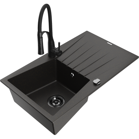 Mexen Cesar jednokomorový žulový dřez s odkapávačem a kuchyňskou baterií Aster, černý/zlatý metalik - 6514-75-73450-70-B