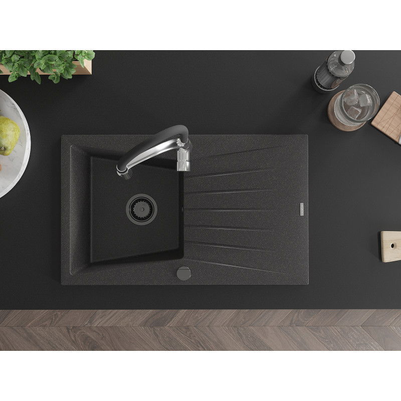 Mexen Cesar granitový dřez 1-komorový s odkapávačem a kuchyňskou baterií Aster, černý kropenatý - 6514-76-73450-07-B
