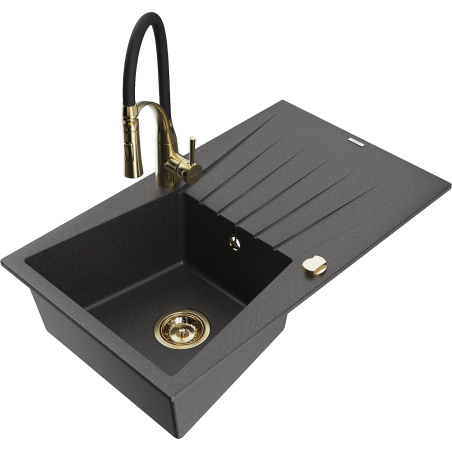Mexen Cesar granitový dřez 1-komorový s odkapávačem a kuchyňskou baterií Aster, černý s tečkami - 6514-76-73450-57-G