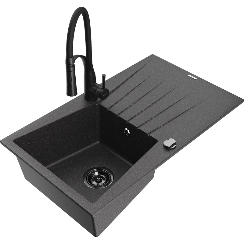 Mexen Cesar granitový dřez 1-komorový s odkapávačem a kuchyňskou baterií Aster, černý skvrnitý - 6514-76-73450-70-B