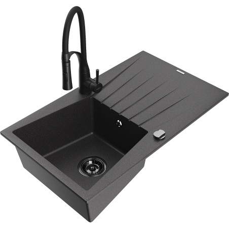Mexen Cesar granitový dřez 1-komorový s odkapávačem a kuchyňskou baterií Aster, černý skvrnitý - 6514-76-73450-70-B