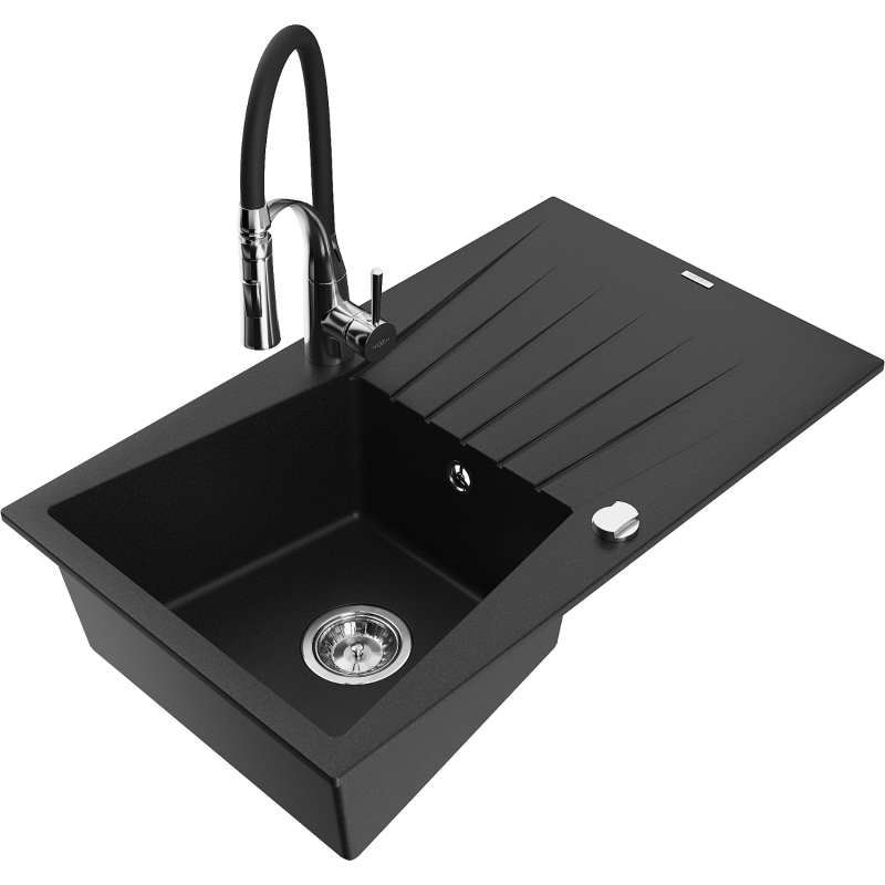 Mexen Cesar granitový dřez s 1 komorou, odkapávačem a kuchyňskou baterií Aster, černý - 6514-77-73450-07