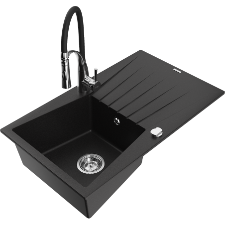 Mexen Cesar granitový dřez s 1 komorou, odkapávačem a kuchyňskou baterií Aster, černý - 6514-77-73450-07