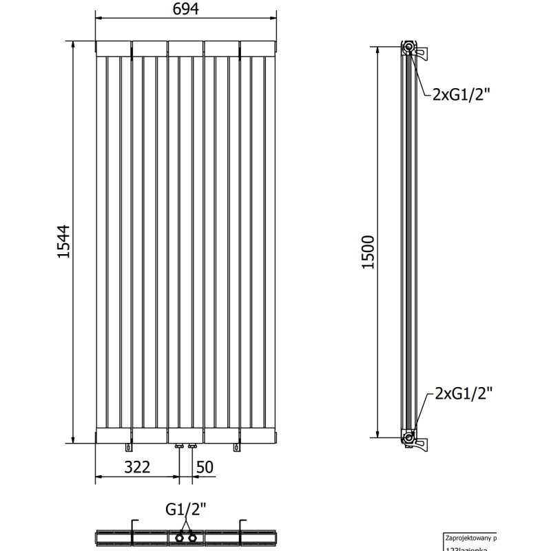 Mexen Waco dekorativní radiátor 1544 x 694 mm, 1550 W, černá - W217-1544-694-00-70