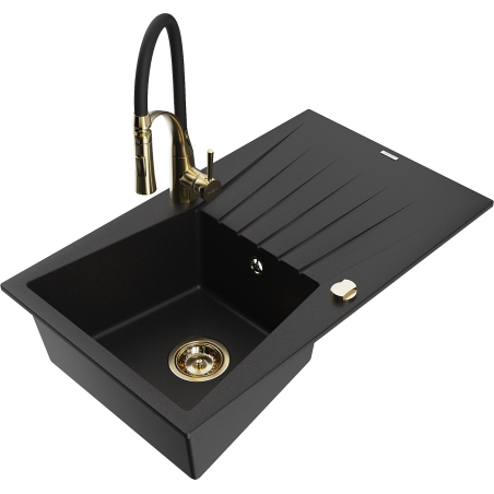 Mexen Cesar granitový dřez 1-komorový s odkapávačem a kuchyňskou baterií Aster, černý - 6514-77-73450-57-G