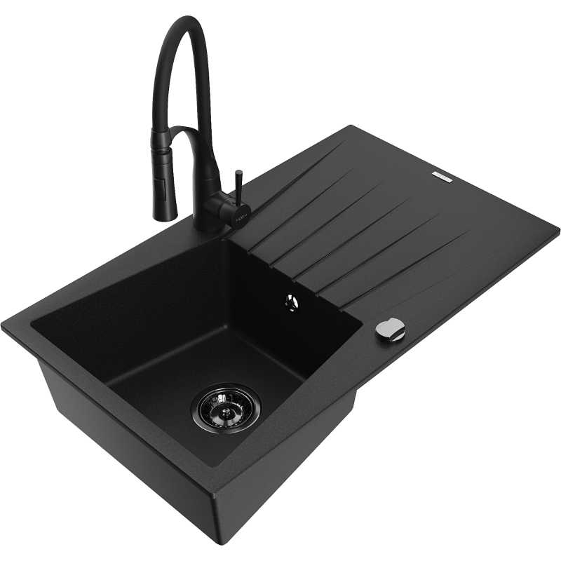 Mexen Cesar, jednokomorový žulový dřez s odkapávačem a kuchyňskou baterií Aster, černý - 6514-77-73450-70-B