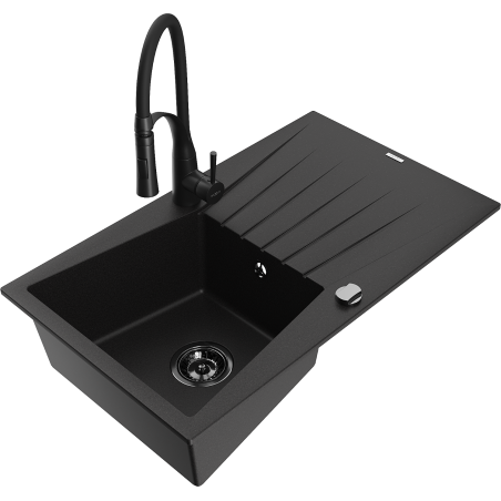 Mexen Cesar, jednokomorový žulový dřez s odkapávačem a kuchyňskou baterií Aster, černý - 6514-77-73450-70-B