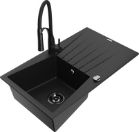 Mexen Cesar, jednokomorový žulový dřez s odkapávačem a kuchyňskou baterií Aster, černý - 6514-77-73450-70-B