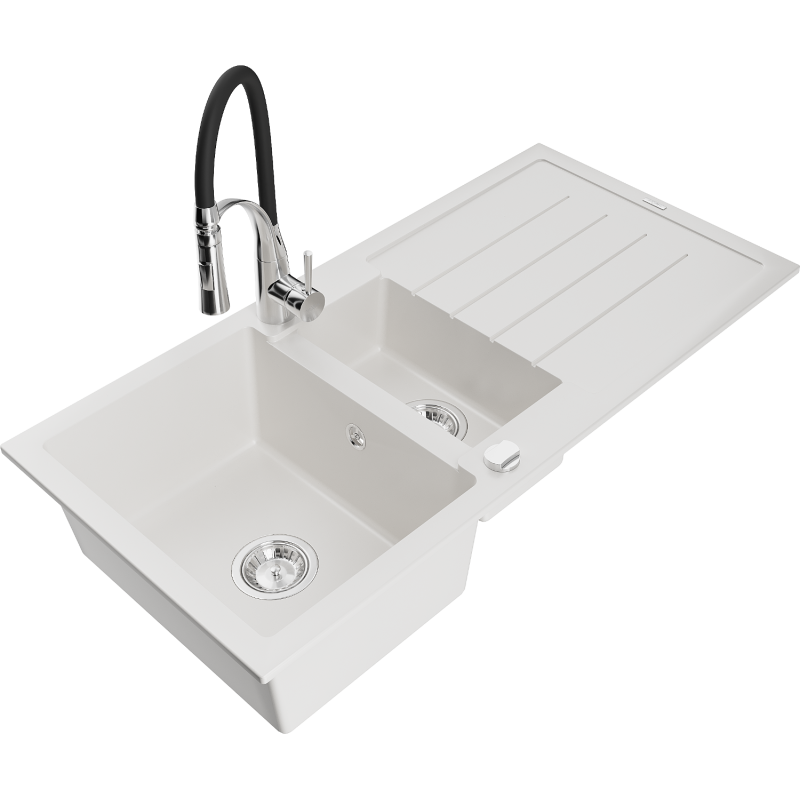 Mexen Andres granitový dřez 1,5-komorový s odkapávačem a kuchyňskou baterií Aster, bílý - 6515-20-73450-07