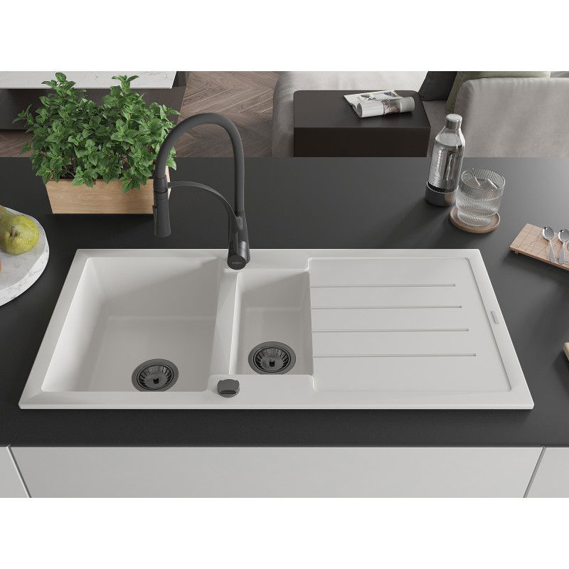 Mexen Andres granitový dřez 1,5-komorový s odkapávačem a kuchyňskou baterií Aster, bílý - 6515-20-73450-70-B
