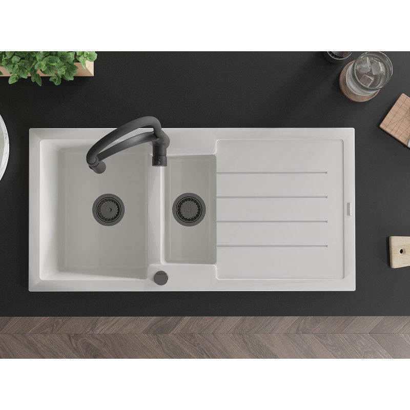 Mexen Andres granitový dřez 1,5-komorový s odkapávačem a kuchyňskou baterií Aster, bílý - 6515-20-73450-70-B