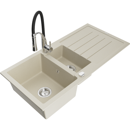 Mexen Andres žulový dřez 1,5komorový s odkapávačem a kuchyňskou baterií Aster, béžový - 6515-69-73450-07