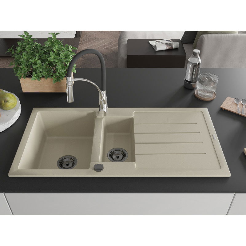 Mexen Andres granitový dřez 1,5-komorový s odkapávačem a kuchyňskou baterií Aster, béžový - 6515-69-73450-07-B