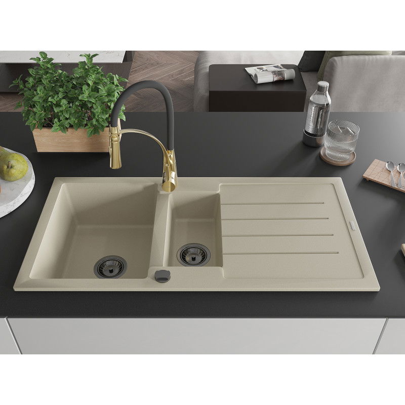 Mexen Andres granitový dřez 1,5-komorový s odkapávačem a kuchyňskou baterií Aster, béžový - 6515-69-73450-57-B