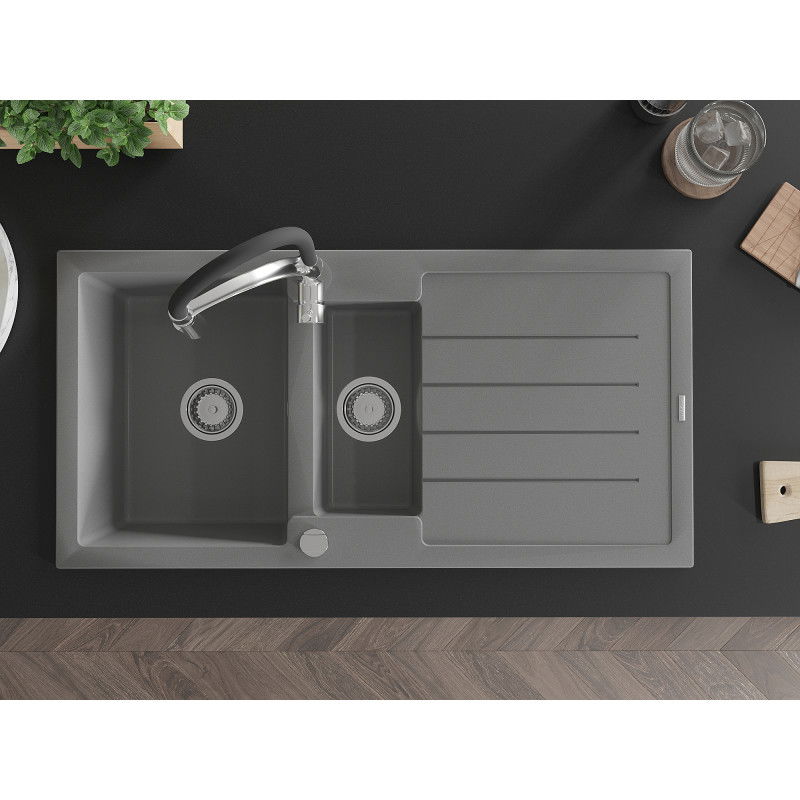 Mexen Andres granitový dřez 1,5-komorový s odkapávačem a kuchyňskou baterií Aster, šedý - 6515-71-73450-07