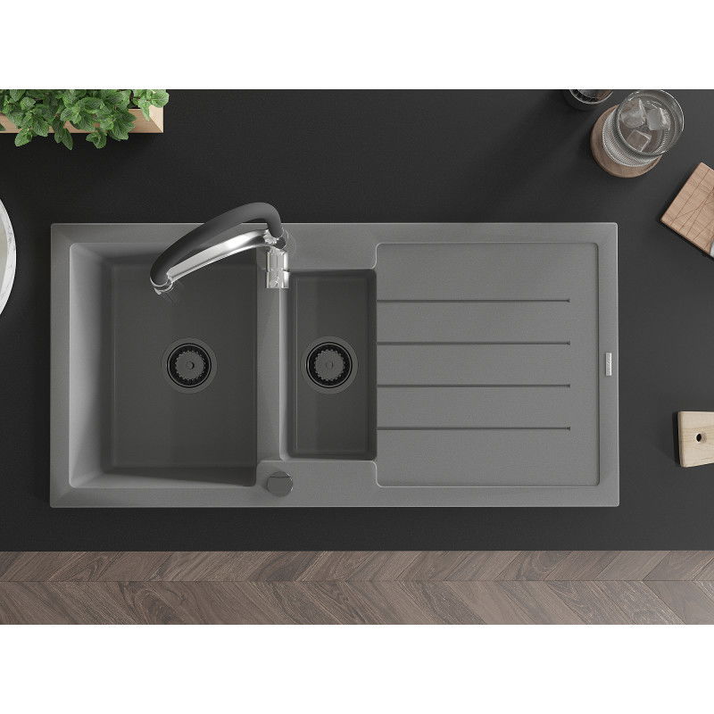 Mexen Andres granitový dřez 1,5-komorový s odkapávačem a kuchyňskou baterií Aster, šedý - 6515-71-73450-07-B
