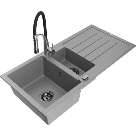 Mexen Andres granitový dřez 1,5-komorový s odkapávačem a kuchyňskou baterií Aster, šedý - 6515-71-73450-07-B