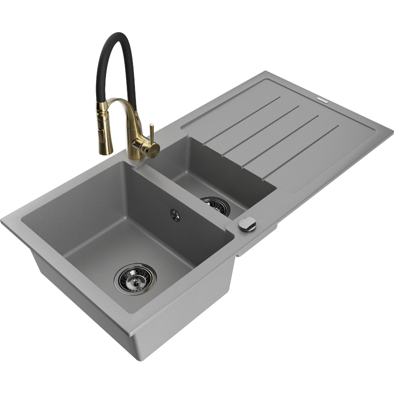 Mexen Andres granitový dřez 1,5-komorový s odkapávačem a kuchyňskou baterií Aster, šedý - 6515-71-73450-57-B