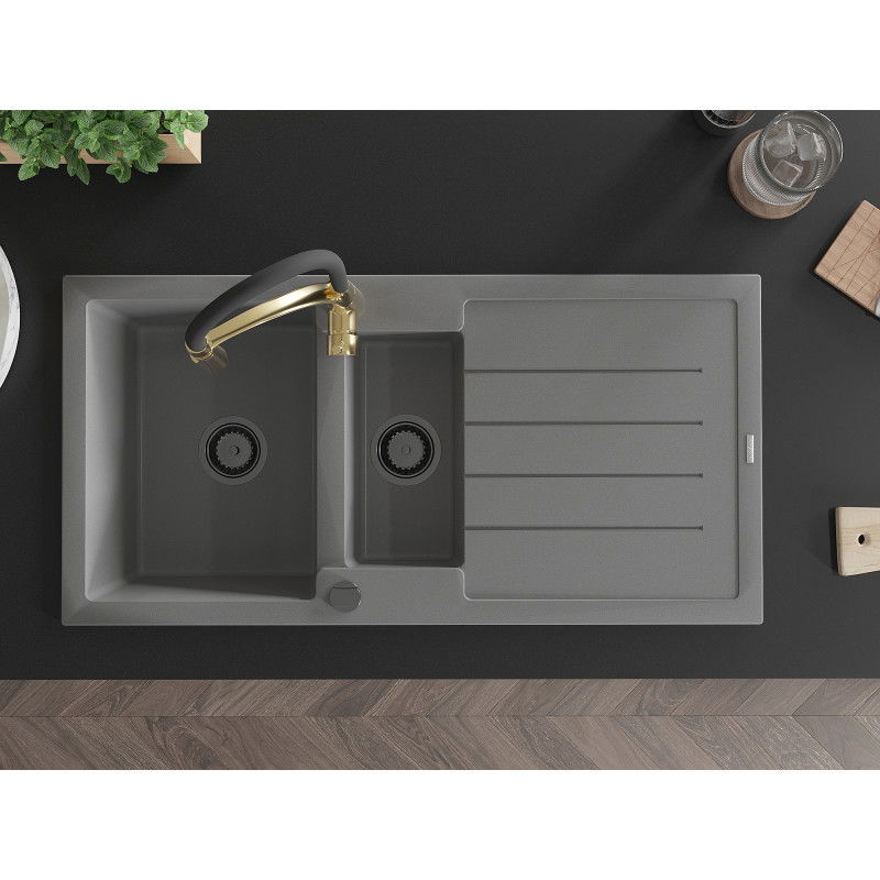 Mexen Andres granitový dřez 1,5-komorový s odkapávačem a kuchyňskou baterií Aster, šedý - 6515-71-73450-57-B