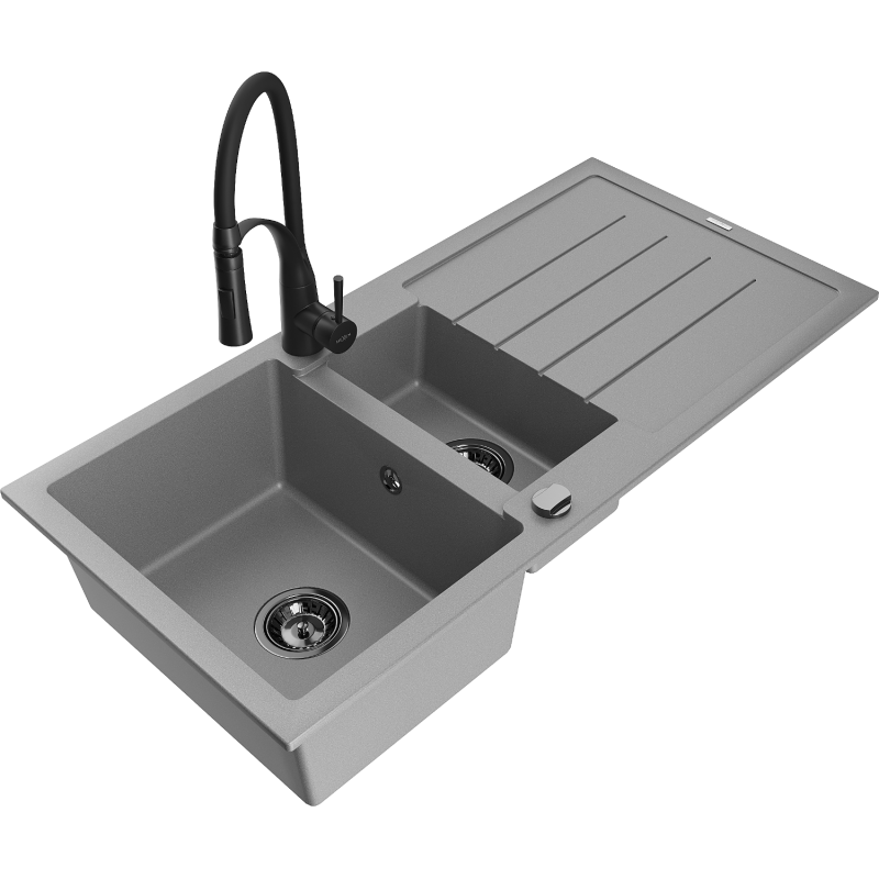 Mexen Andres žulový dřez 1,5-komorový s odkapávačem a kuchyňskou baterií Aster, šedý - 6515-71-73450-70-B