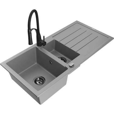 Mexen Andres žulový dřez 1,5-komorový s odkapávačem a kuchyňskou baterií Aster, šedý - 6515-71-73450-70-B