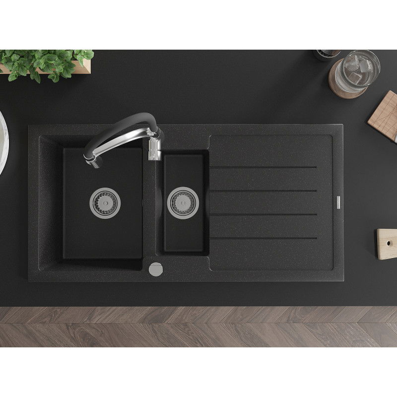 Mexen Andres granitový dřez 1,5-komorový s odkapávačem a kuchyňskou baterií Aster, černý/stříbrný metalický - 6515-73-73450-07
