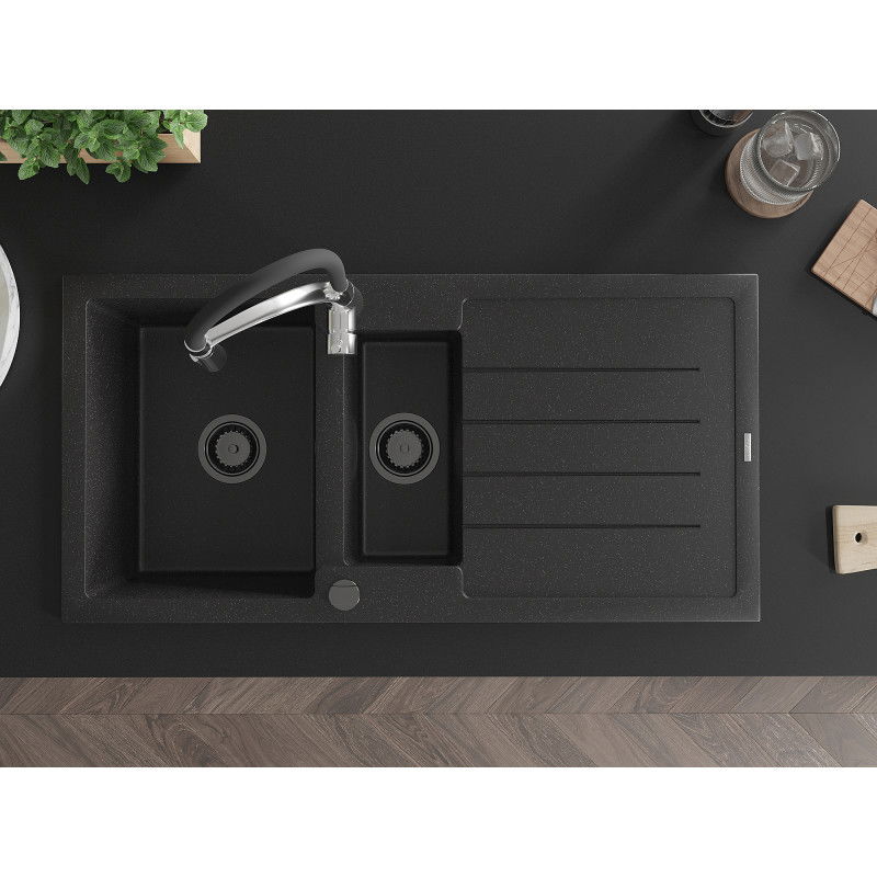 Mexen Andres granitový dřez 1,5-komorový s odkapávačem a kuchyňskou baterií Aster, černý/stříbrný