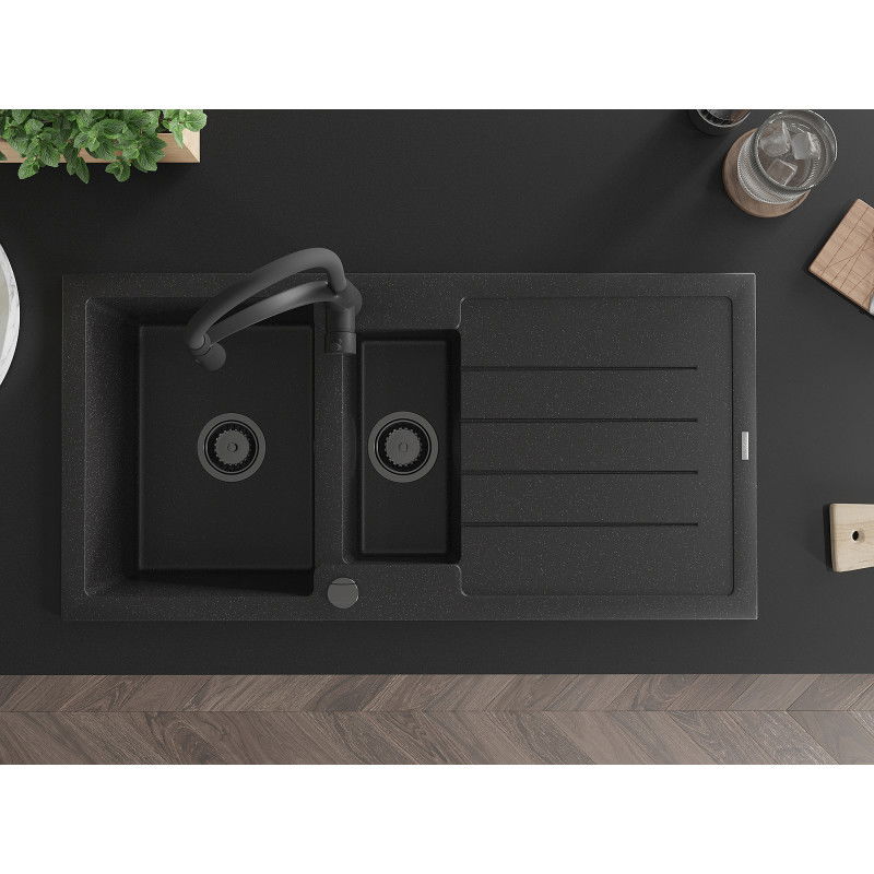 Mexen Andres granitový dřez 1,5-komorový s odkapávačem a kuchyňskou baterií Aster, černý/stříbrný - 6515-73-73450-70-B
