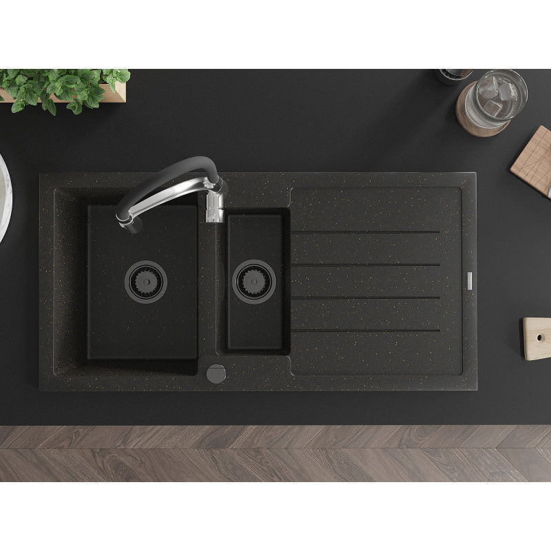Mexen Andres granitový dřez 1,5-komorový s odkapem a kuchyňskou baterií Aster, černý/zlatý metalik - 6515-75-73450-07-B
