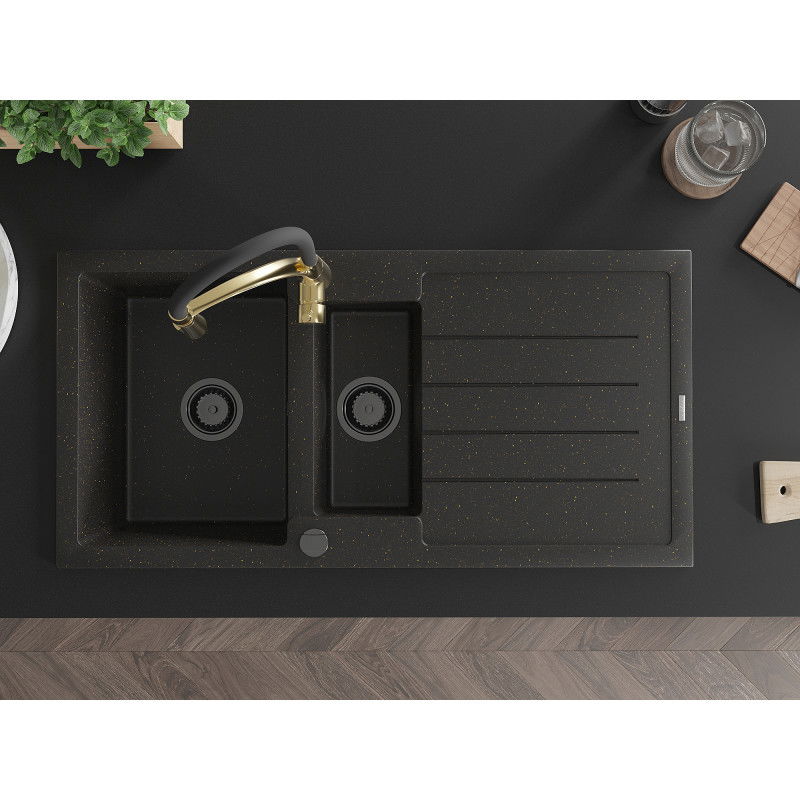 Mexen Andres granitový dřez 1,5-komorový s odkapávačem a kuchyňskou baterií Aster, černý/zlatý metalik - 6515-75-73450-57-B