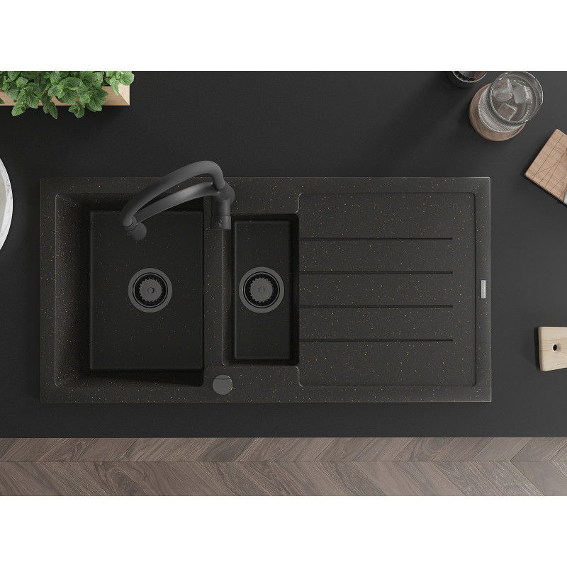 Mexen Andres granitový dřez 1,5-komorový s odkapávačem a kuchyňskou baterií Aster, černý/zlatý metalik - 6515-75-73450-70-B