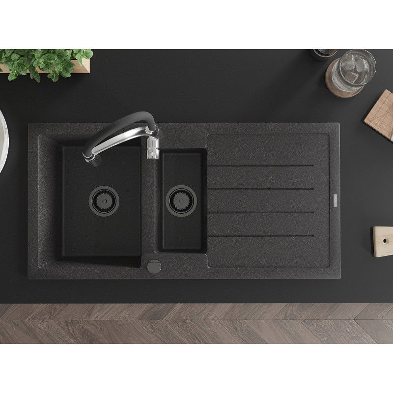 Mexen Andres žulový dřez 1,5-komorový s odkapávačem a kuchyňskou baterií Aster, černý skvrnitý - 6515-76-73450-07-B