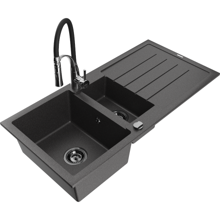 Mexen Andres žulový dřez 1,5-komorový s odkapávačem a kuchyňskou baterií Aster, černý skvrnitý - 6515-76-73450-07-B
