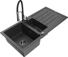 Mexen Andres Granitový dřez 1,5komorový s odkapávačem a kuchyňskou baterií Aster, černý s tečkami - 6515-76-73450-07-B