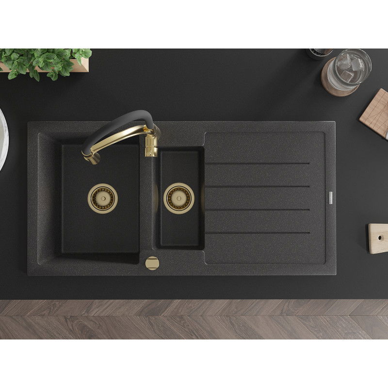 Mexen Andres žulový dřez 1,5-komorový s odkapávačem a kuchyňskou baterií Aster, černý skvrnitý - 6515-76-73450-57-G
