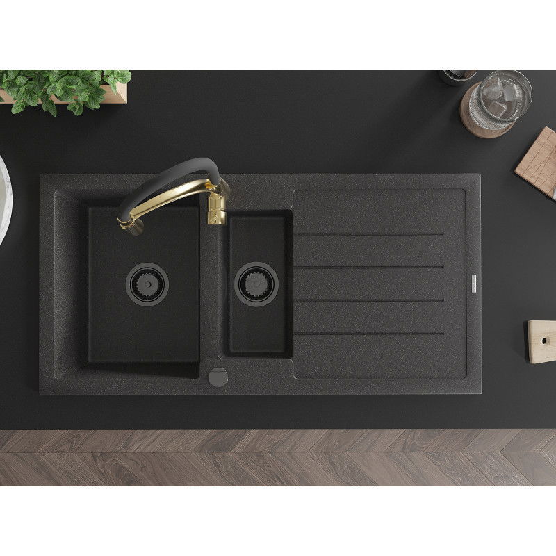 Mexen Andres žulový dřez 1,5 komory s odkapávačem a kuchyňskou baterií Aster, černý skvrnitý - 6515-76-73450-57-B