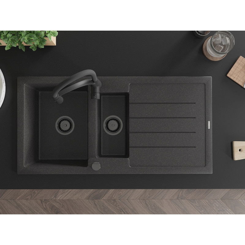 Mexen Andres granitový dřez 1,5-komorový s odkapávačem a kuchyňskou baterií Aster, černý žíhaný - 6515-76-73450-70-B