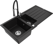 Mexen Andres granitový dřez 1,5-komorový s odkapávačem a kuchyňskou baterií Aster, černý - 6515-77-73450-07