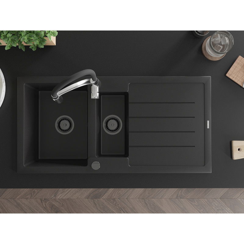 Mexen Andres granitový dřez 1,5-komorový s odkapávačem a kuchyňskou baterií Aster, černý - 6515-77-73450-07-B