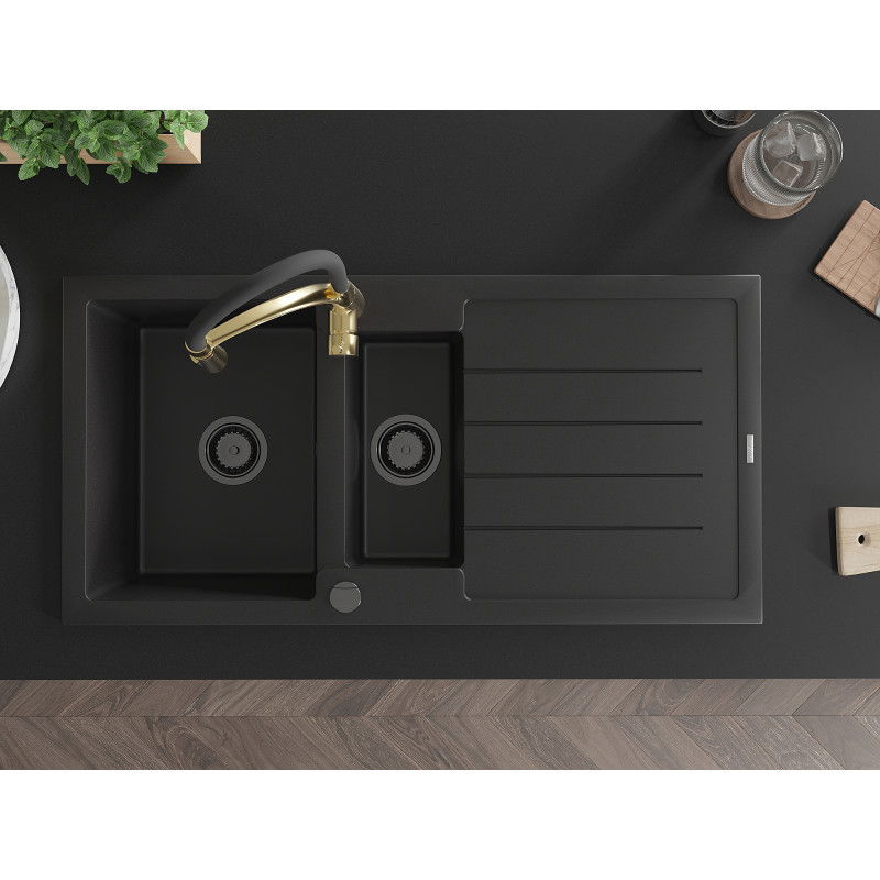 Mexen Andres granitový dřez 1,5-komorový s odkapávačem a kuchyňskou baterií Aster, černý - 6515-77-73450-57-B
