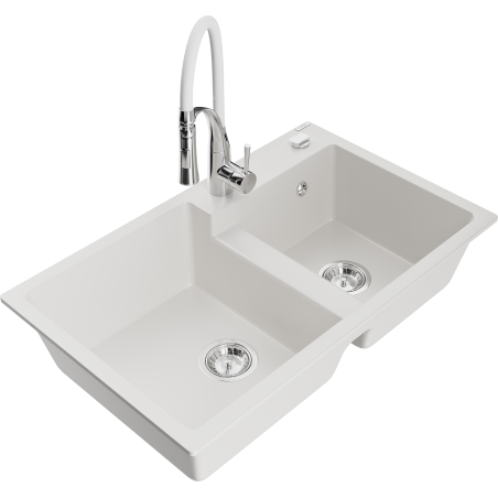 Mexen Tomas granitový dřez 2-komorový s kuchyňskou baterií Aster, bílý - 6516-20-73450-02