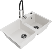 Mexen Tomas granitový dřez dvoukomorový s kuchyňskou baterií Aster, bílý - 6516-20-73450-07-B