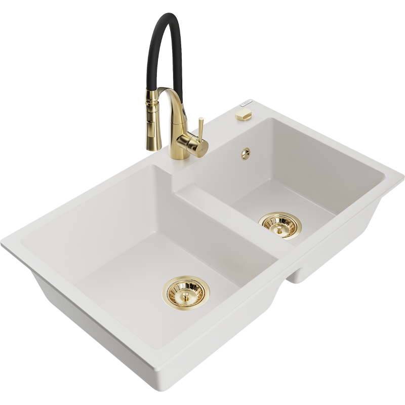 Mexen Tomas dřez granitový 2-komorový s kuchyňskou baterií Aster, bílý - 6516-20-73450-57-G