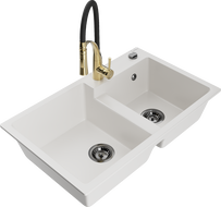 Mexen Tomas granitový dřez 2-komorový s kuchyňskou baterií Aster, bílý - 6516-20-73450-57-B