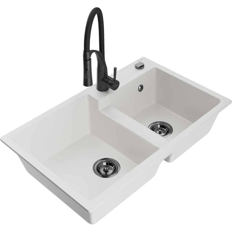 Mexen Tomas granitový dřez 2-komorový s kuchyňskou baterií Aster, bílý - 6516-20-73450-70-B