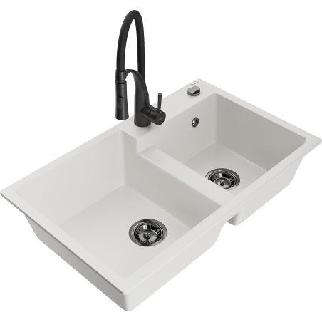 Mexen Tomas granitový dřez 2-komorový s kuchyňskou baterií Aster, bílý - 6516-20-73450-70-B