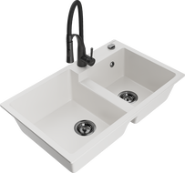 Mexen Tomas granitový dřez 2-komorový s kuchyňskou baterií Aster, bílý - 6516-20-73450-70-B